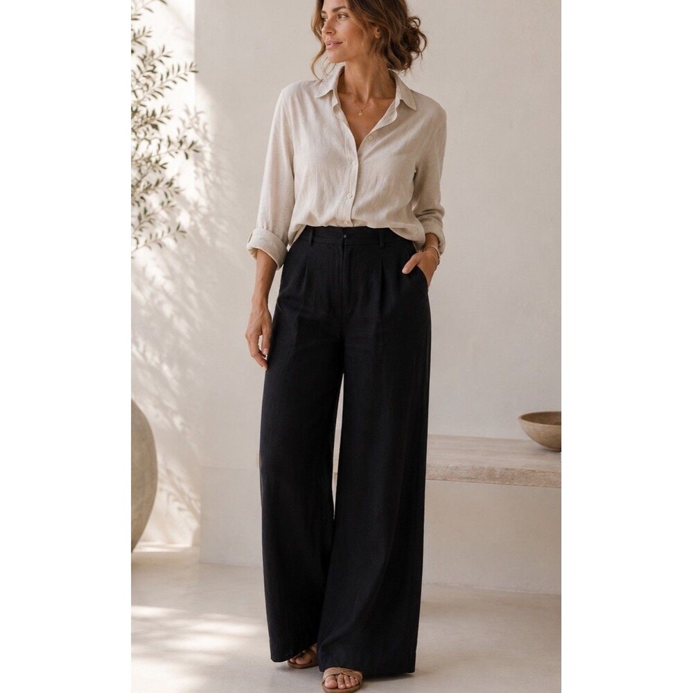 Alfani Womens Size 16 Black 100% Linen Wide Leg Pants High Rise Career Office
